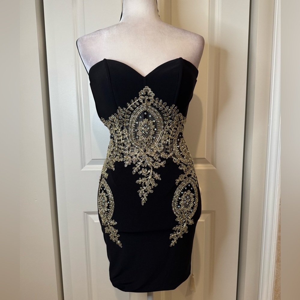 JVN by Jovani Black Strapless Mini Dress with Gold Embellishment
